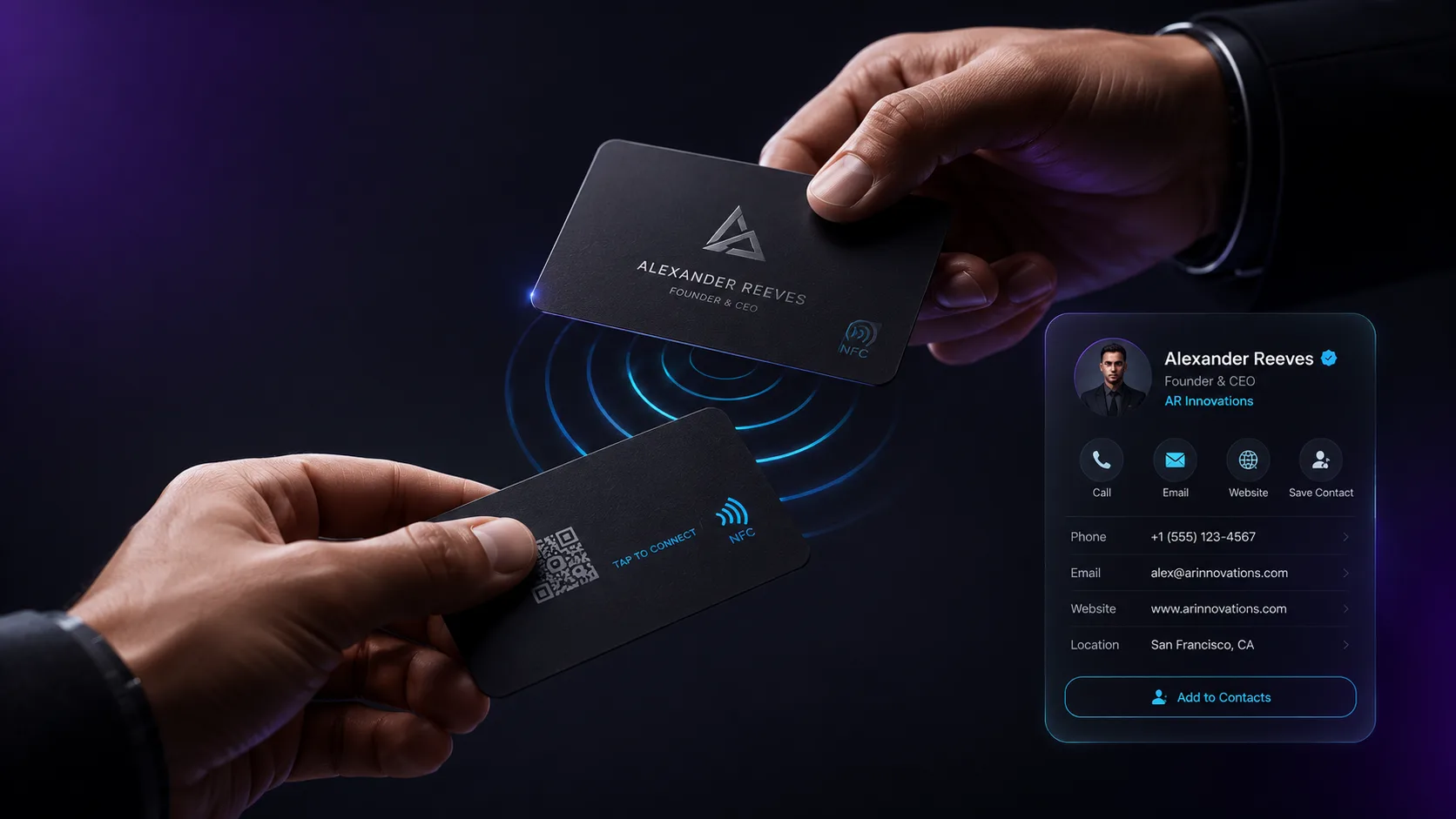 Two hands exchanging a black NFC business card
