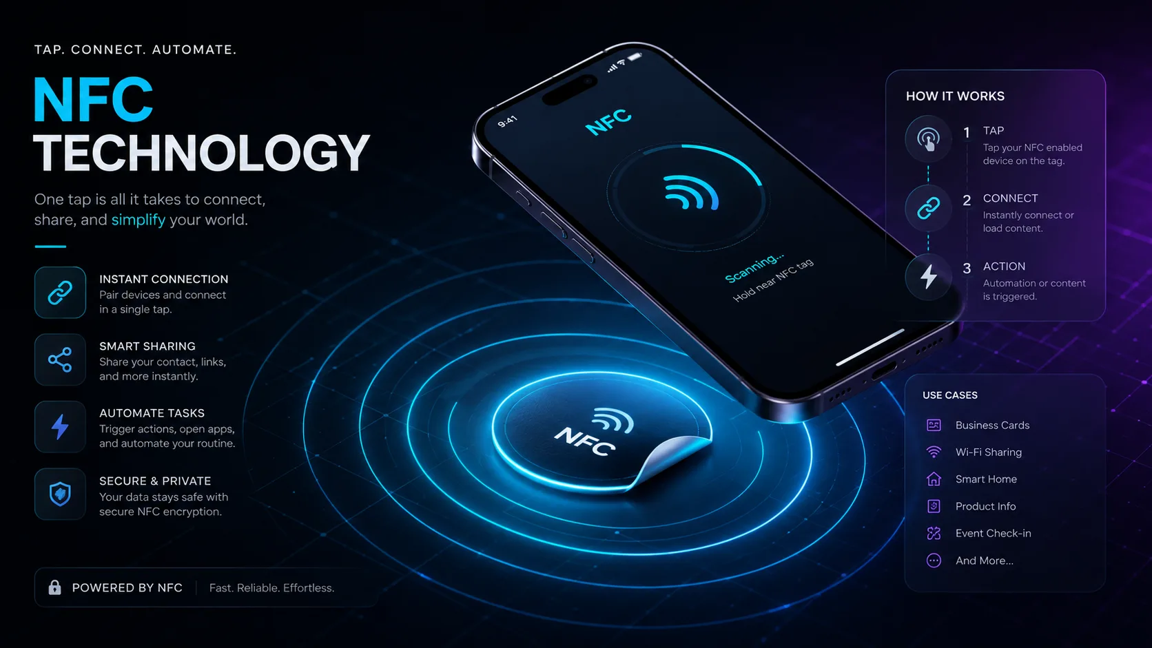 Smartphone held over a glowing NFC tag sticker with signal rings