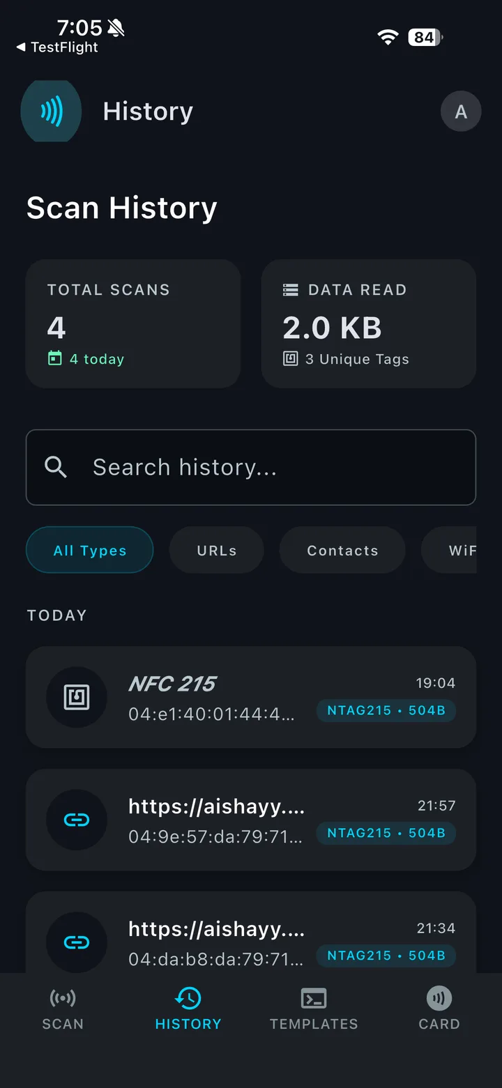 Scan History screen with total scans, data read, search and filters by type