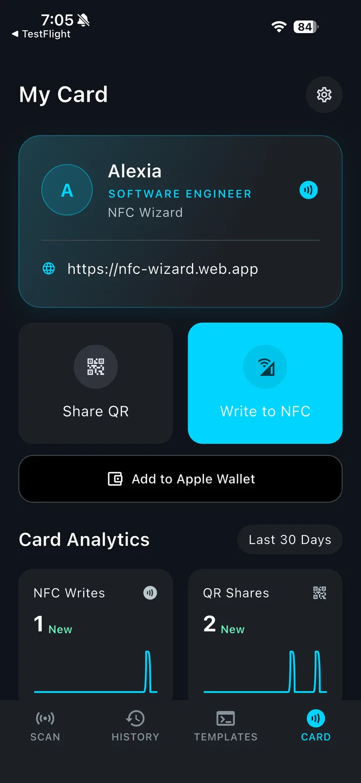 My Card screen with a digital business card, Share QR, Write to NFC, Add to Apple Wallet and 30-day card analytics