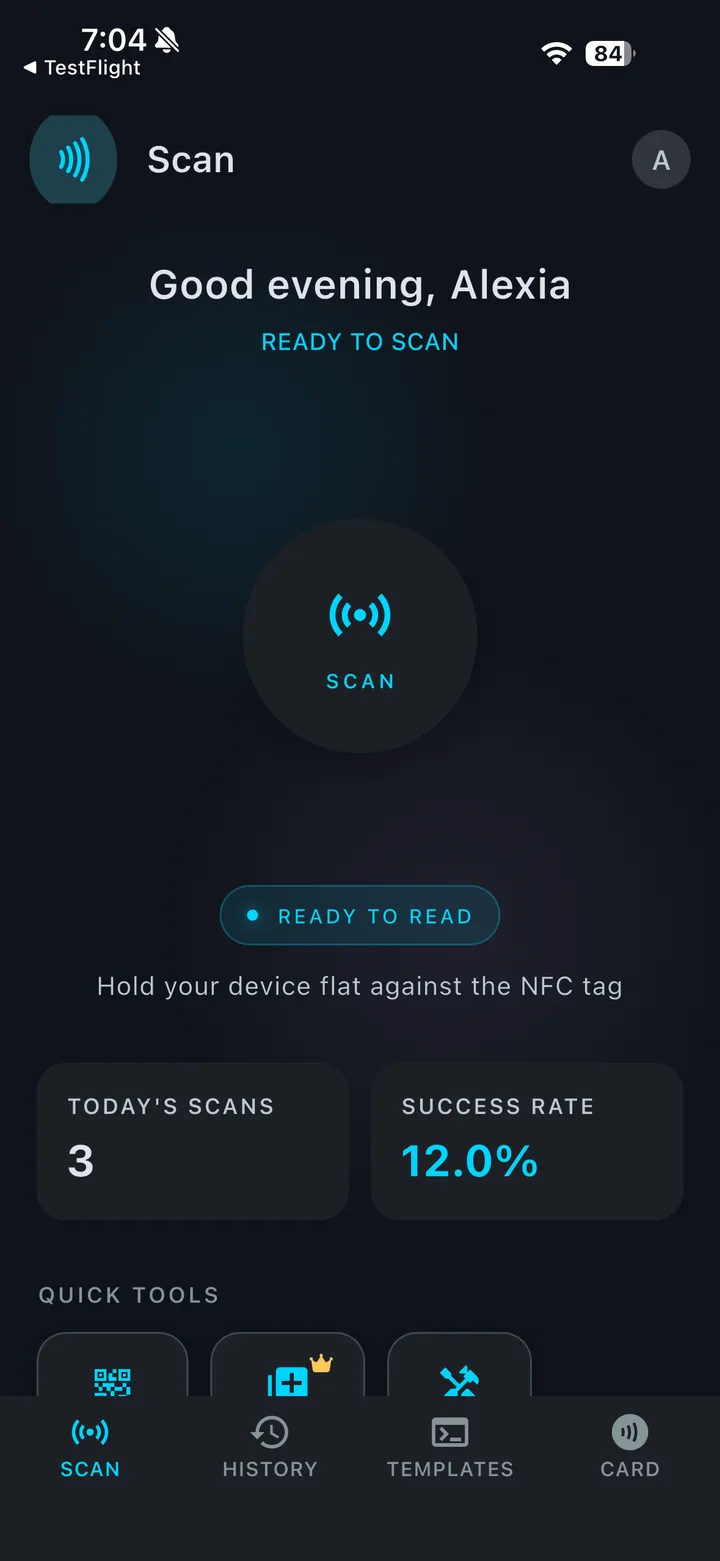 NFC Wizard Scan screen with a Ready to scan button, today's scans and success rate