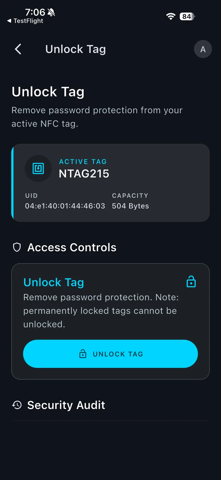 Unlock Tag screen showing the tag UID, capacity, access controls and security audit
