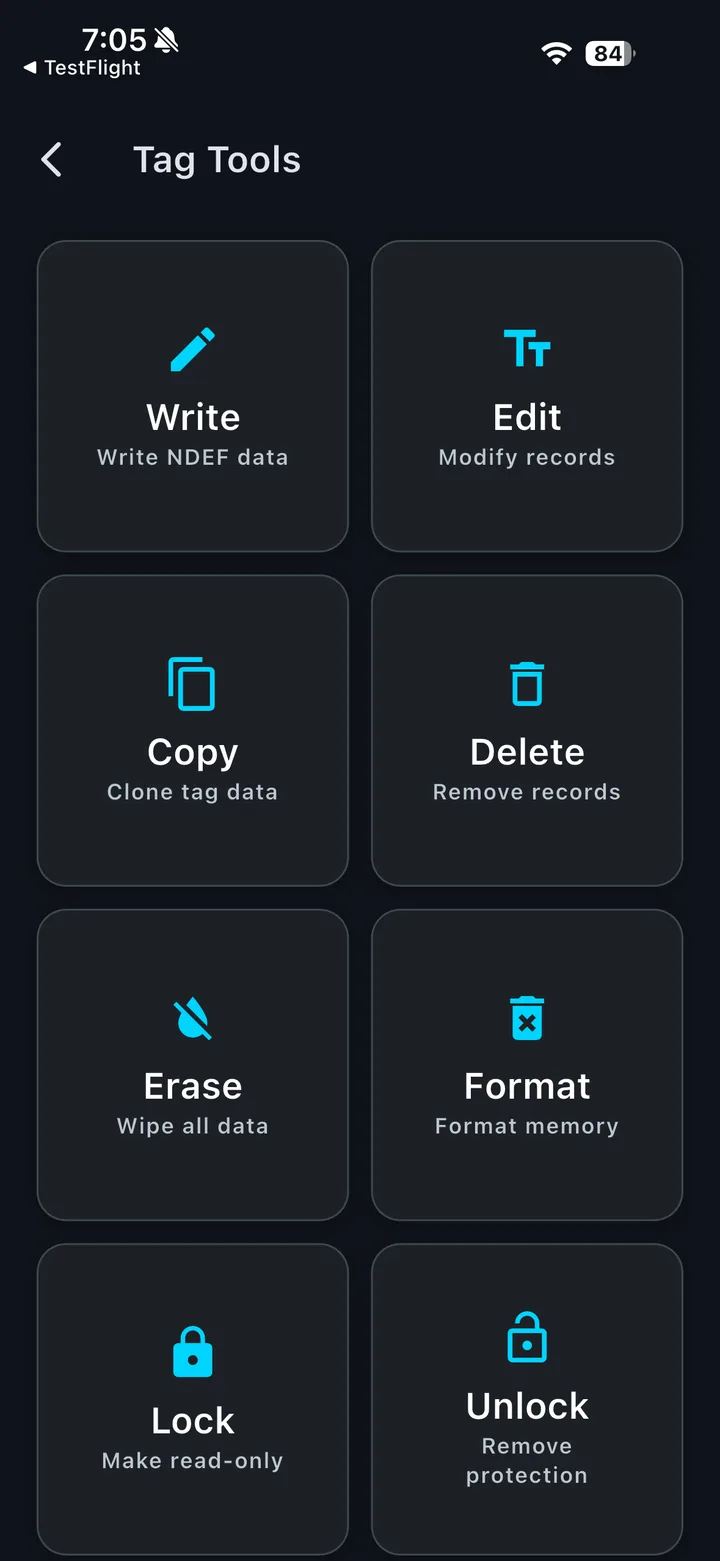 Tag Tools screen with Write, Edit, Copy, Delete, Erase, Format, Lock and Unlock